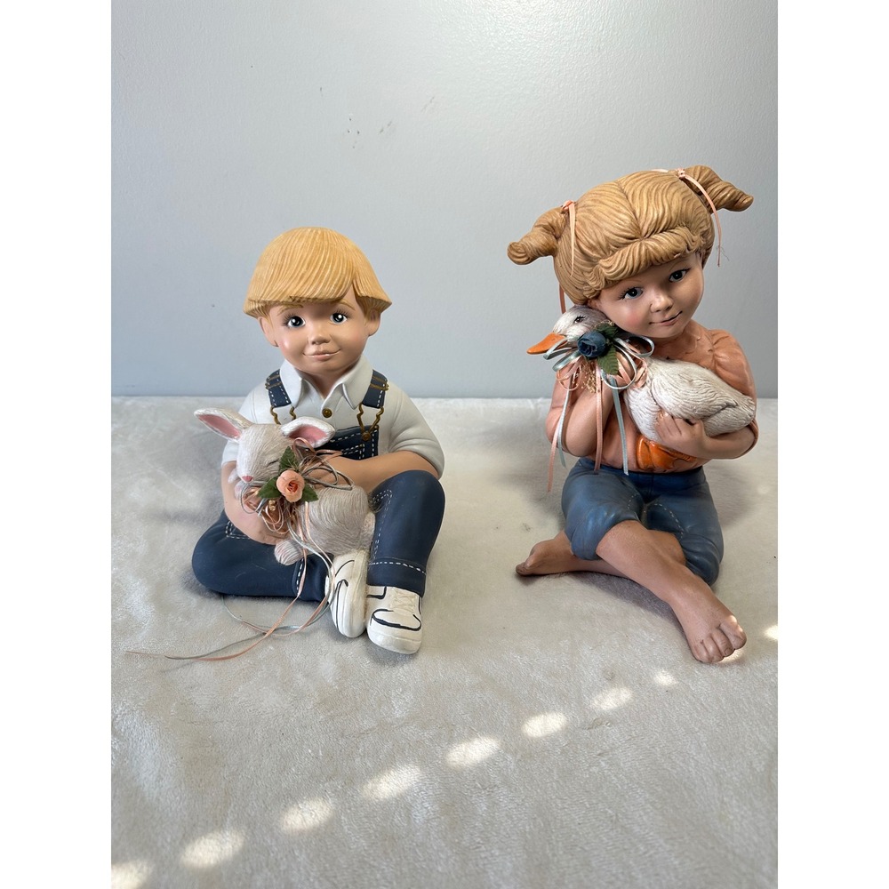 3 Vintage Ceramic Boy and Girl Figurines with Rabbit and Goose Farmhouse Set